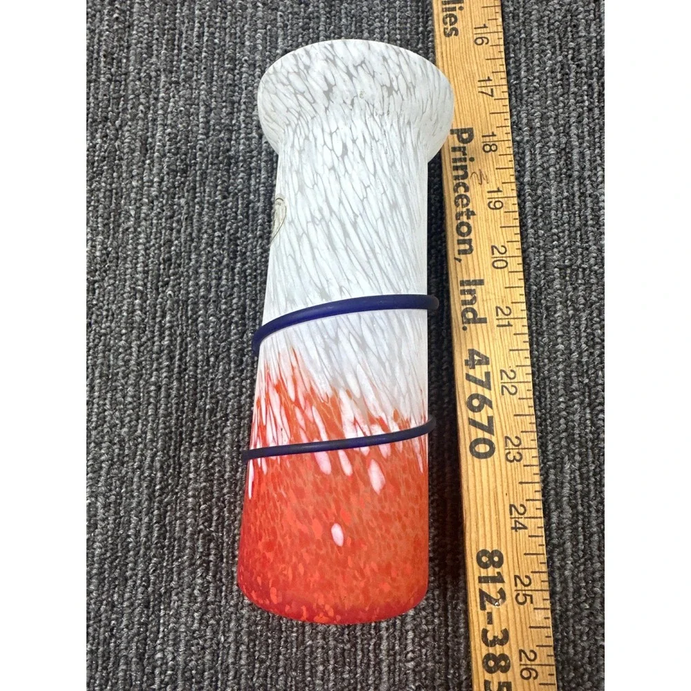 Cavalier Glass Art Vase Red White Frosted Hand Blown Blue Spiral Wrap 8.5 inch